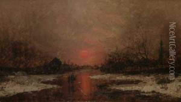 Verschneite Fluslandschaft Im Abendrot Oil Painting - Therese Fuchs