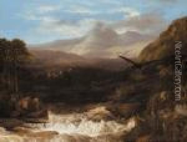 A Highland Landscape With A Golden Eagle In The Foreground And Aruined Castle Beyond Oil Painting - Frederick Richard Lee