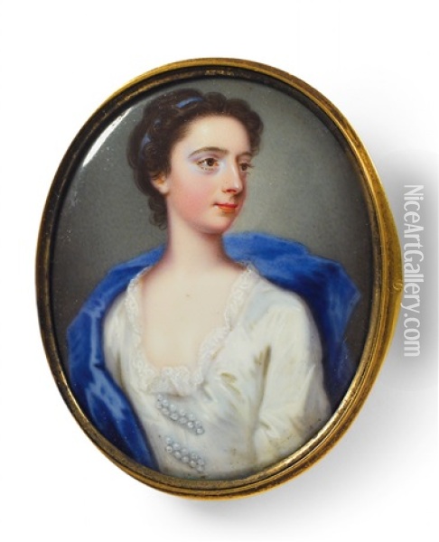 A Portrait Miniature Of A Young Lady In A Blue Cloak Oil Painting - Christian Friedrich Zincke