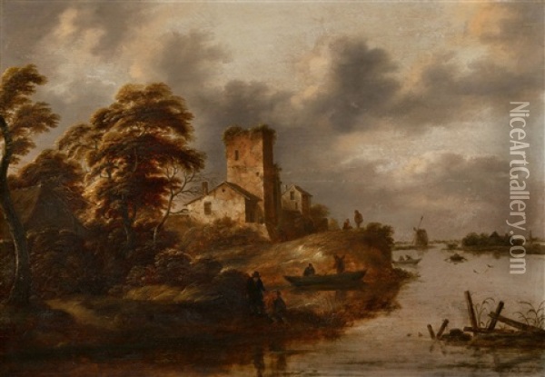 River Landscape Oil Painting - Nicolaes Molenaer