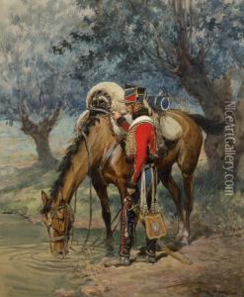 La Halte Du Cavalier Oil Painting - Georges Bertin, Dit Scott De Plagnolles