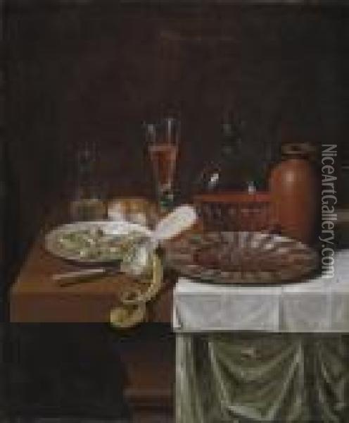 A Flute And Decanter Of Wine Oil Painting - Sebastien Stoskopff