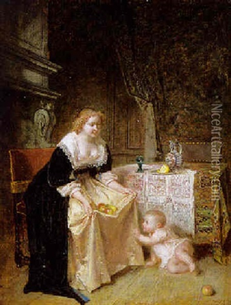Moeder En Kind In Een Interieur Oil Painting - Antoine Emile Plassan