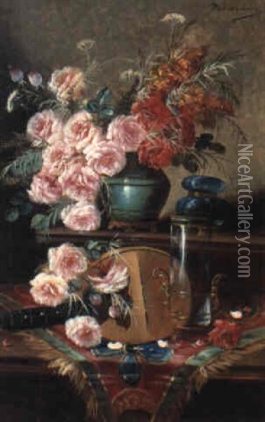 A Still Life With A Mandolin And Assorted Flowers On A      Draped Table Oil Painting - Max Carlier