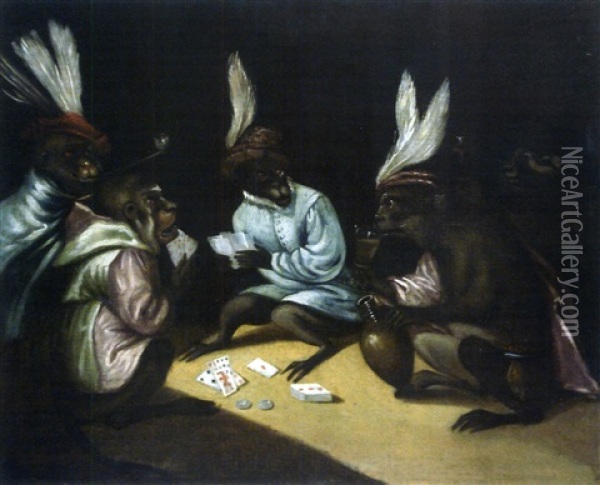 Les Singes Jouers De Cartes Oil Painting - Ferdinand van Kessel