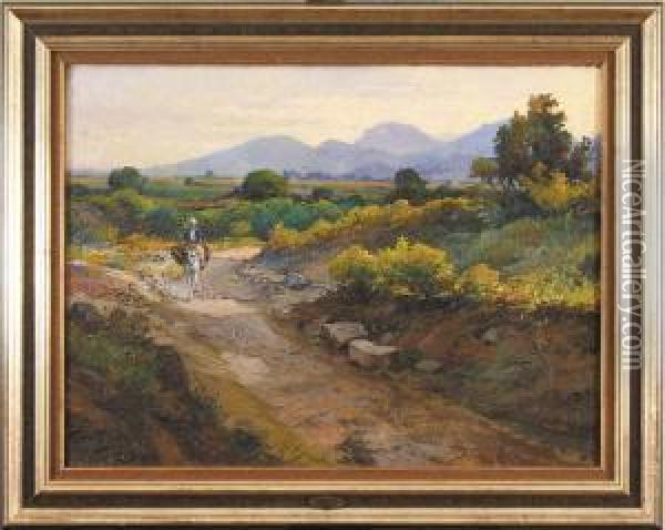 Pejzaz Z Kobieta Jadaca Na Osiolku, 1913 R. Oil Painting - Tony Binder