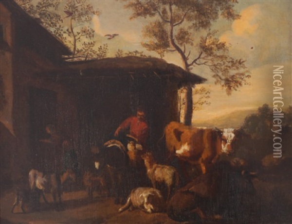 Rustic By A Barn With His Donkey And Other Animals Oil Painting - Dirck Van Der Lisse
