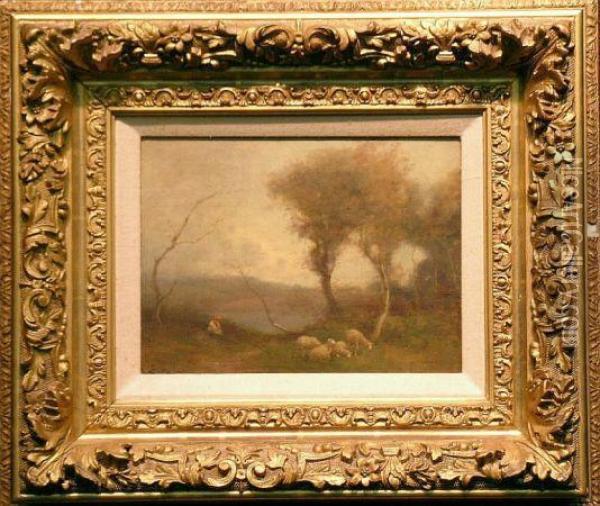Shepherdess At Rest Beside A Lake Oil Painting - Edwin Sherwood Calvert