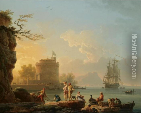 A Mediterranean Harbour Scene At
 Sunset, With Fishermen Unloading Their Catch Before A Round Fortress, A
 Man-of-war At Anchor Beyond Oil Painting - Claude-joseph Vernet