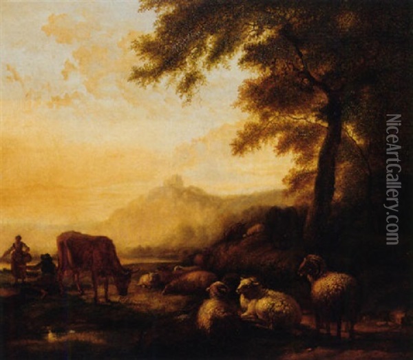 Herders Resting Their Livestock By A River At Dusk Oil Painting - Balthasar Paul Ommeganck