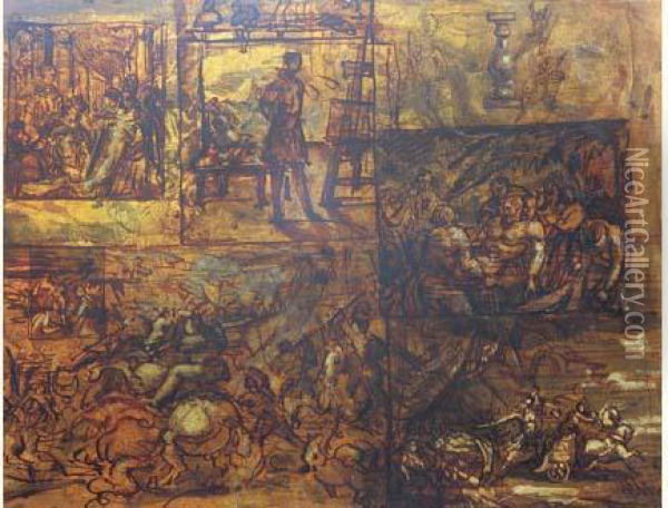Verso: Le Passage De La Mer 
Rouge, La Nuit Au Clair De Lune, Deux Scenes Avec Des Cavaliers En Bas. Oil Painting - Theodore Gericault