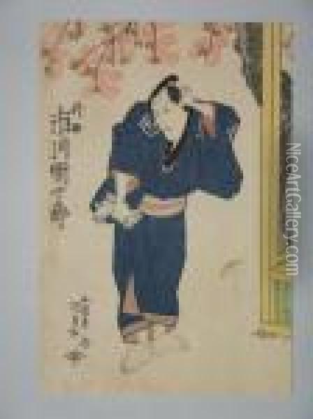 L'acteur Ichikawa Danjuro En Kimono Bleu Oil Painting - Kunisada