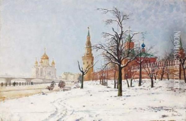 En Bas Du Kremlin - La Moscova, Dans Le Fond La Cathedralesaint-sauveur Oil Painting - Paul Louis Bouchard