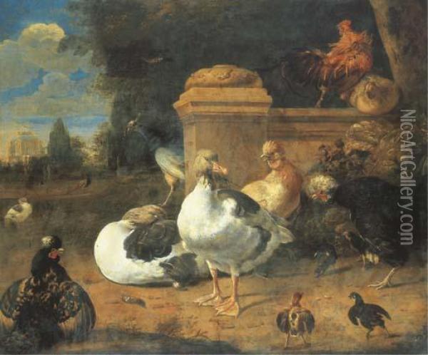 Canards Et Poules Dans Un Parc Oil Painting - Melchior de Hondecoeter