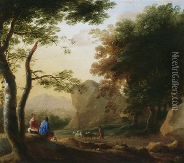 Bewaldete Landschaft Mit Hirten Und Vieh Oil Painting - Jacob De Heusch