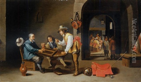 Officers And Peasants Playing Games In An Inn Oil Painting - Cornelis Mahu