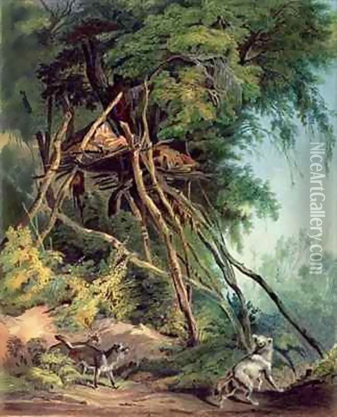 Tombs of Assiniboin Indians on Trees, plate 30 from volume 2 of `Travels in the Interior of North America, 1832-34' Oil Painting - Karl Bodmer