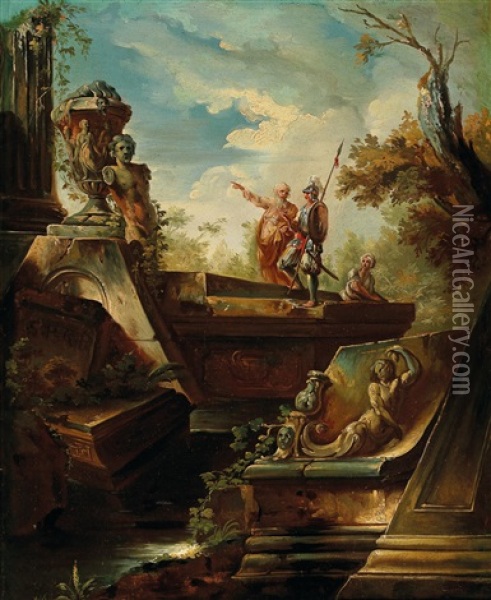 Figures Before Ruins Oil Painting - Giovanni Paolo Panini