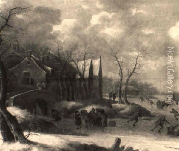 A Village By A River In Winter With Skaters And Horse-drawn Sledges Oil Painting - Jan Van De Cappelle