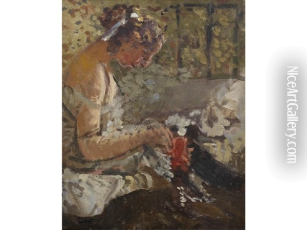 Girl On A Bed Sewing Oil Painting - Walter Sickert