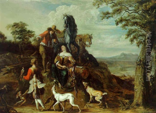 An Elegant Hunting Party In A Landcscape Oil Painting - Abraham Danielsz Hondius