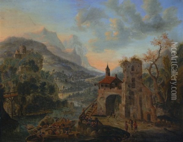 Panoramic Landscape With Boatmen Oil Painting - Cornelis Verdonck