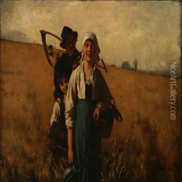Cornfield Withharvest People Oil Painting - Julius Scholtz