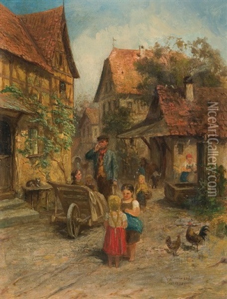 Street Scene From A Small Town Oil Painting - Robert Sliwinsky