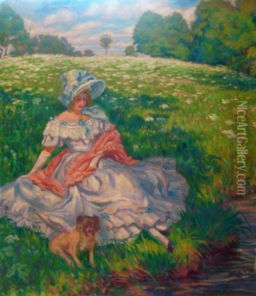 Femme En Robe Blanche Assise Dans L'herbe Oil Painting - Raphaeel Leon Leguilloux