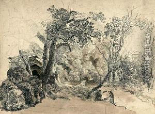 Landschaft Mit Hagar Und Ismael, Der Engel Weist Hagar Die Quelle. Oil Painting - Friedrich Salathe