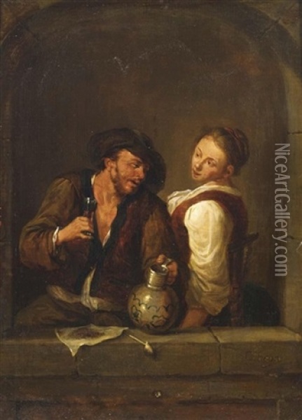 A Couple Drinking And Smoking In An Arched Window Oil Painting - Cornelis Pietersz