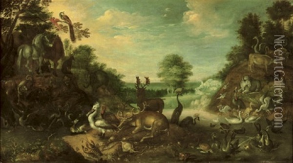 The Garden Of Eden With A Stag, Deer, Horses, Birds, Elephants, A Camel, Turtles, Fish And Other Animals, The Fall Of Man Beyond Oil Painting - Roelandt Savery