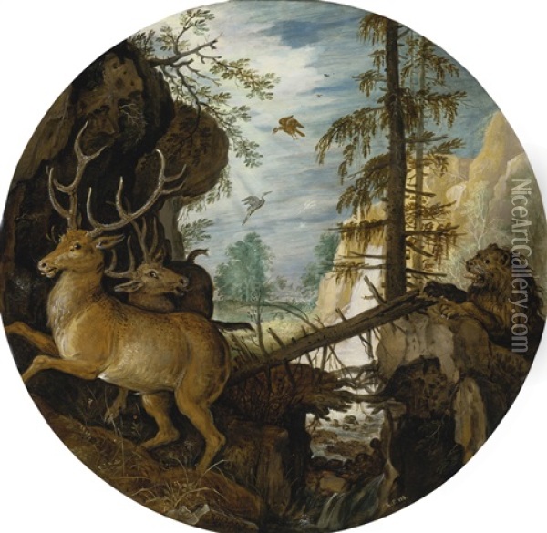 A Lion Hunting Two Deer Oil Painting - Roelandt Savery