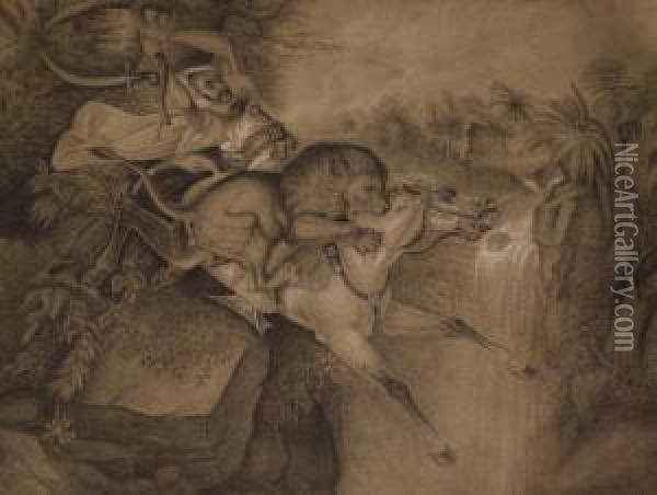 Un Lion Attaquant Un Cheval 
Tandis Que Son Cavalier S'accroche A Une Branche, Dans Un Paysage 
Exotique Oil Painting - Raden Sjarief B. Saleh