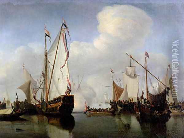 A Calm A Dutch States Yacht firing a salute Oil Painting - Willem van de Velde the Younger