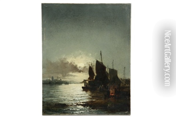 Dutch Harbor Under Full Moon Oil Painting - Johan Barthold Jongkind