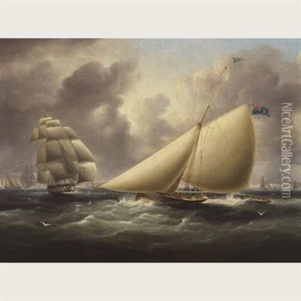 Cutter Rigged Sailboat Carrying A Blue Ensign With "st. Edwards Crown" Approaching, A Ship Of The Line Off The Coast Of Dover Oil Painting - James Edward Buttersworth