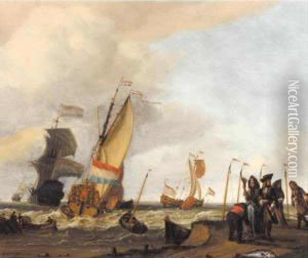 Dutch Shipping In Rough Seas Off The Coast, With A Man Selling Fish On Shore Oil Painting - Gerrit Pompe