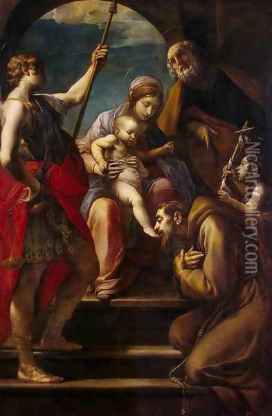 Holy Family with Saints Oil Painting - Alessandro Tiarini