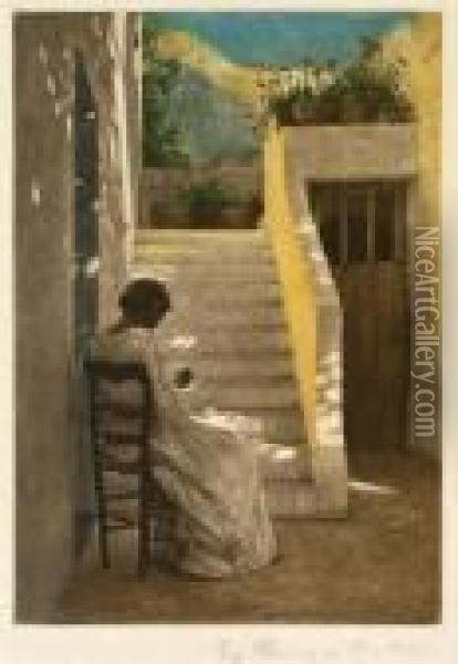 Girl Reading In A Courtyard Oil Painting - Peder Vilhelm Ilsted
