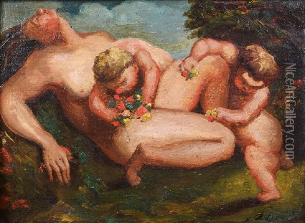 Bacchante Endormie Avec Deux Putti Oil Painting - Theodore Chasseriau