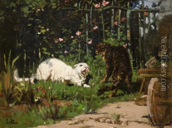 Zwei Streitende Katzen Im Bauerngarten Oil Painting - Simon Durand