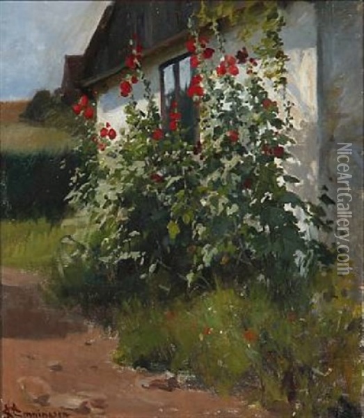 Hollyhocks By A Whitewashed Farmhouse Oil Painting - Erik Ludwig Henningsen