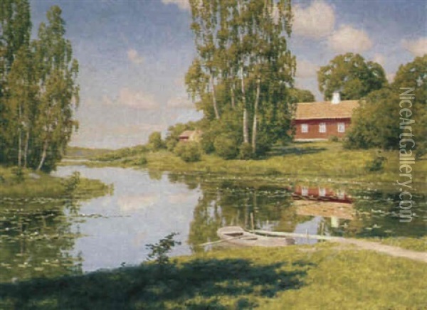 Sjo Med Roddbat Oil Painting - Johan Fredrik Krouthen