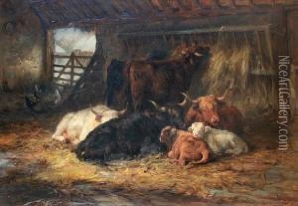 'winter Quarters', Highland Cattle In Abarn Oil Painting - Joseph Denovan Adam