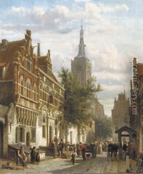 A Sunny View Of The Nieuwstraat Oil Painting - Cornelis Springer