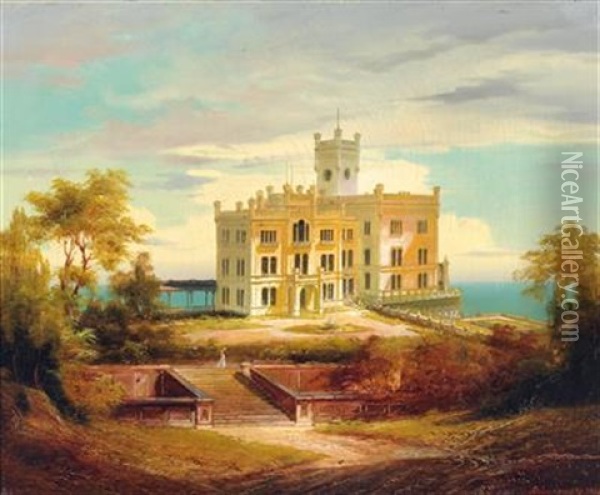 Miramare Castle Near Trieste Oil Painting - Johann Wilhelm Jankowski