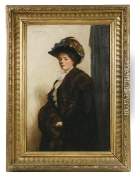 Portrait Of A Lovely Young Woman In A Picture Hat, Wearing Fur Coat And Muff Oil Painting - Cyril Roberts