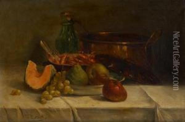Composition Aux Ecrevisses Etaux Fruits Oil Painting - Hubert Bellis