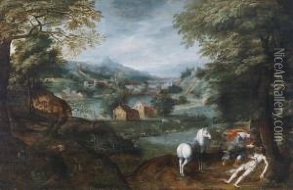 The Good Samaritan In A Widelandscape Oil Painting - Adriaan van Stalbemt
